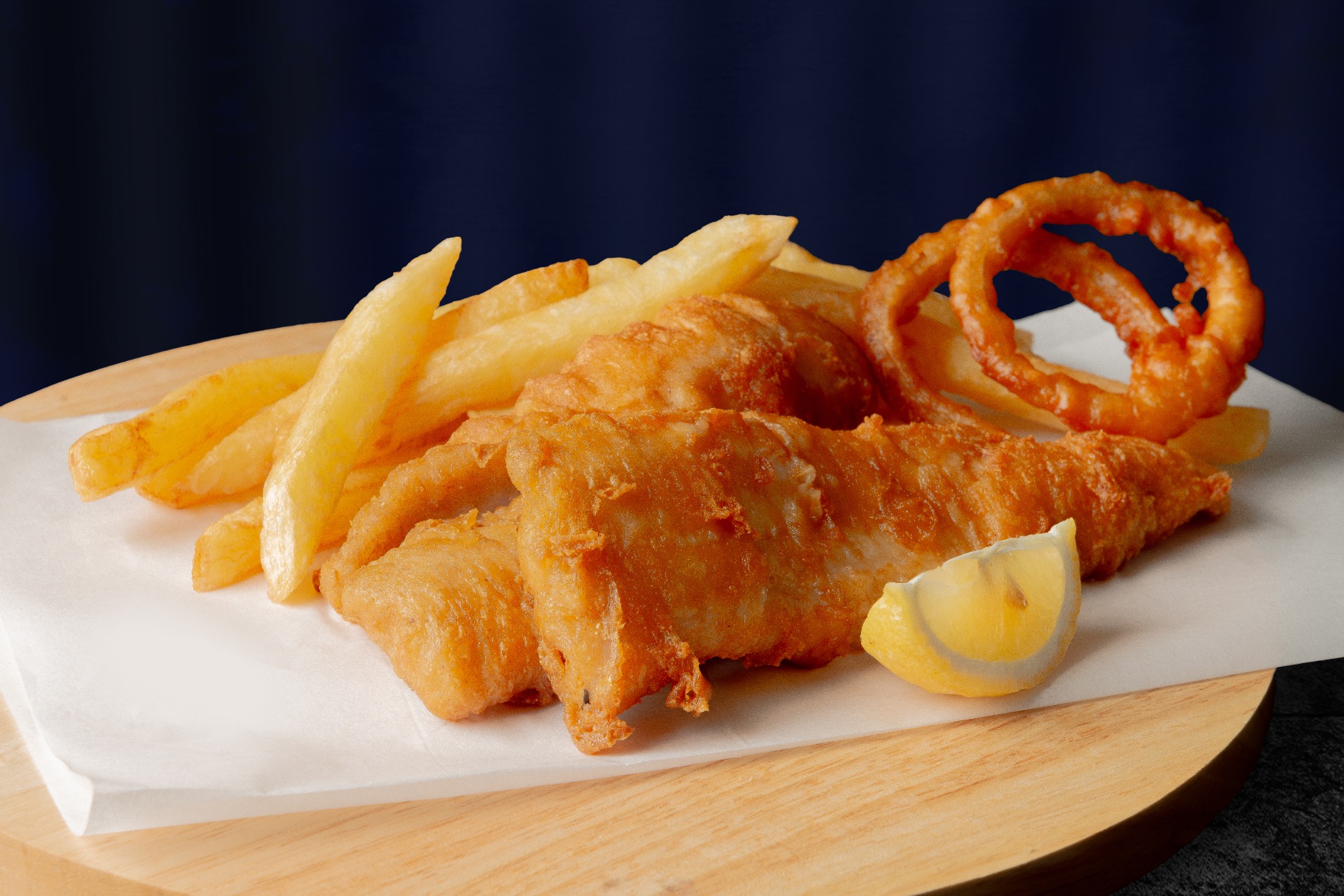 Golden battered hake, chips and onion rings at Fishermans Choice